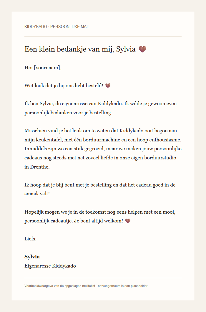 Voorbeeldmail van Sylvia van KiddyKado. De volledige tekst is ook leesbaar via Bekijk de voorbeeldmail.
